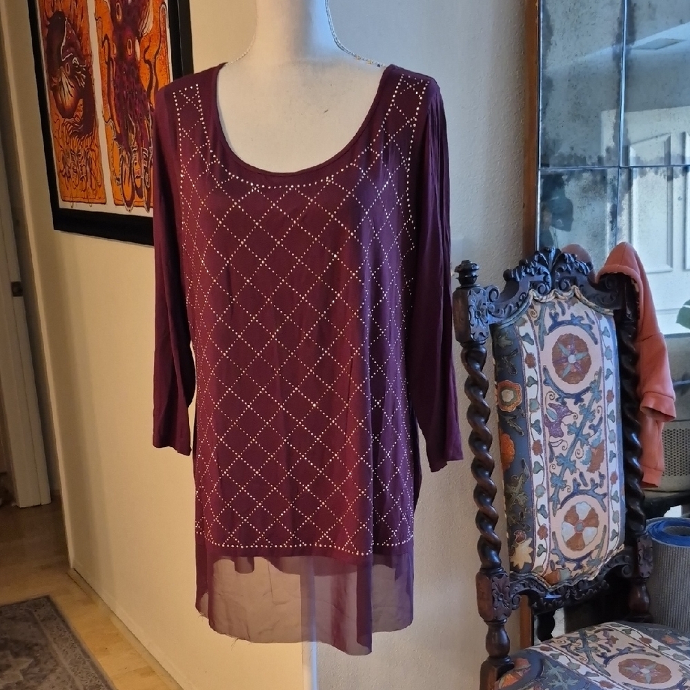 Belldini Maroon 3/4 Sleeve Blouse Bedazzled